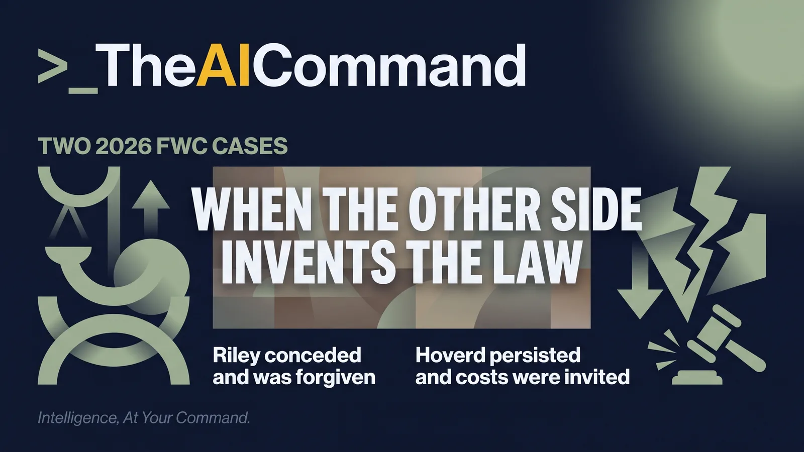 A bold headline over a muted courtroom-tone field with two contrasting case outcomes set small beneath