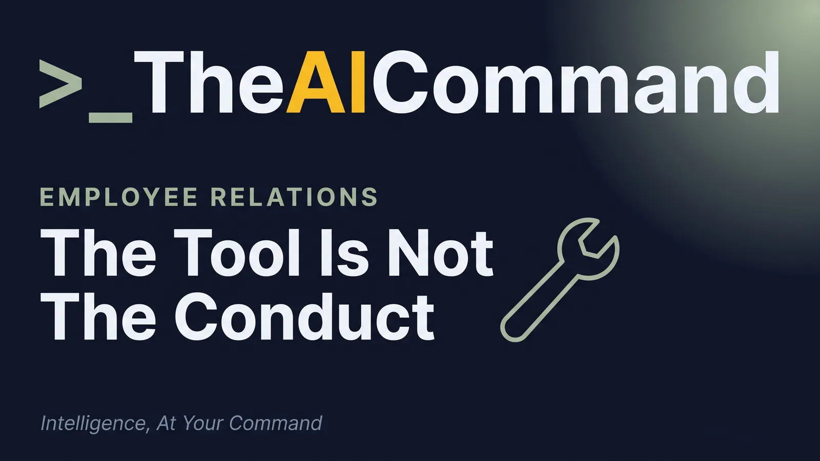 Editorial headline card in sage type on deep navy reading The Tool Is Not The Conduct, with one slender accent line icon and generous negative space