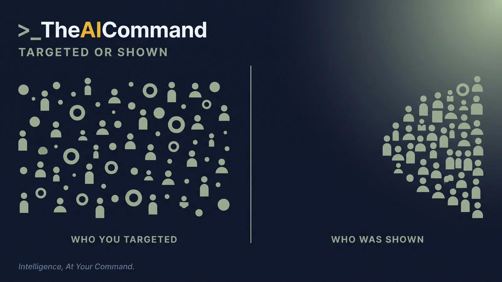 A screen split into two contrasting halves by a thin sage line, the left half a broad even audience labelled who you targeted, the right half the same crowd narrowed to one lopsided group labelled who was shown, sage light on deep navy