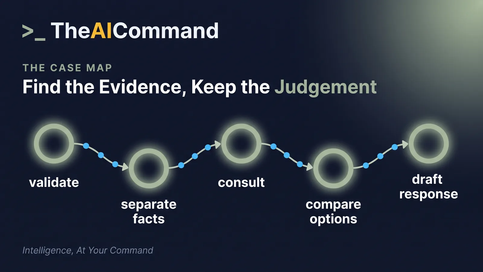 Five-part case map moving through validation, fact checking, consultation, option comparison and response drafting