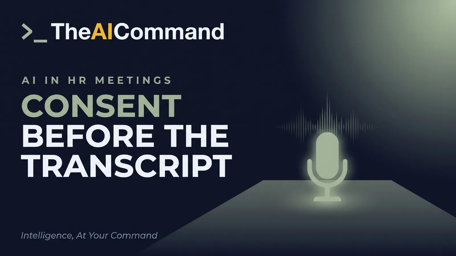Abstract concept visual of a single glowing microphone on an empty meeting table with a soundwave rising into a dark, empty room