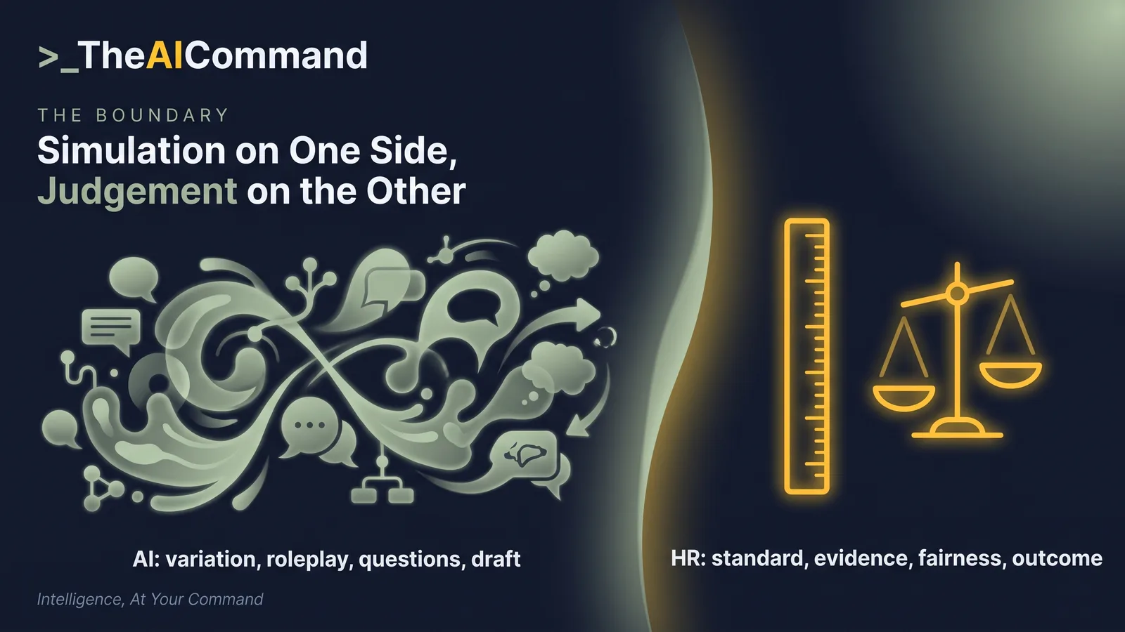 Comparison showing AI creating scenario variation and draft material while HR owns standards, evidence, fairness and outcomes