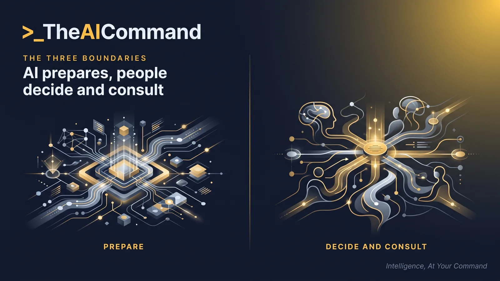 A screen split into two contrasting halves divided by a thin gold line, the left half a soft machine glow assembling documents labelled prepare, the right half two people in conversation labelled decide and consult