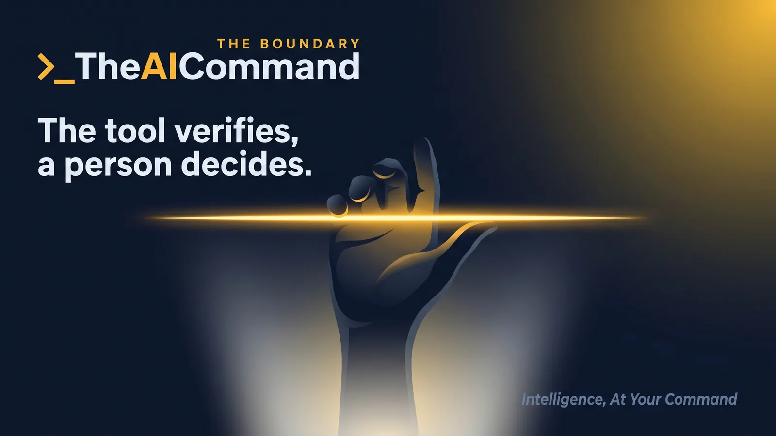 Cinematic concept scene of a single human hand holding a steady line over a soft machine glow, deep navy behind, one focal point