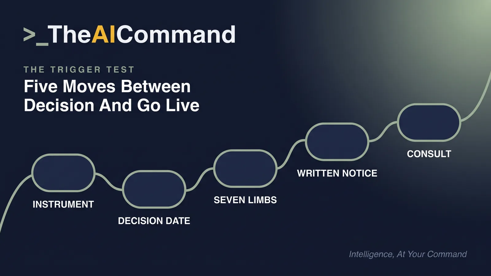 A left-to-right sage flow of five connected nodes reading instrument, decision date, seven limbs, written notice and consult, on deep navy