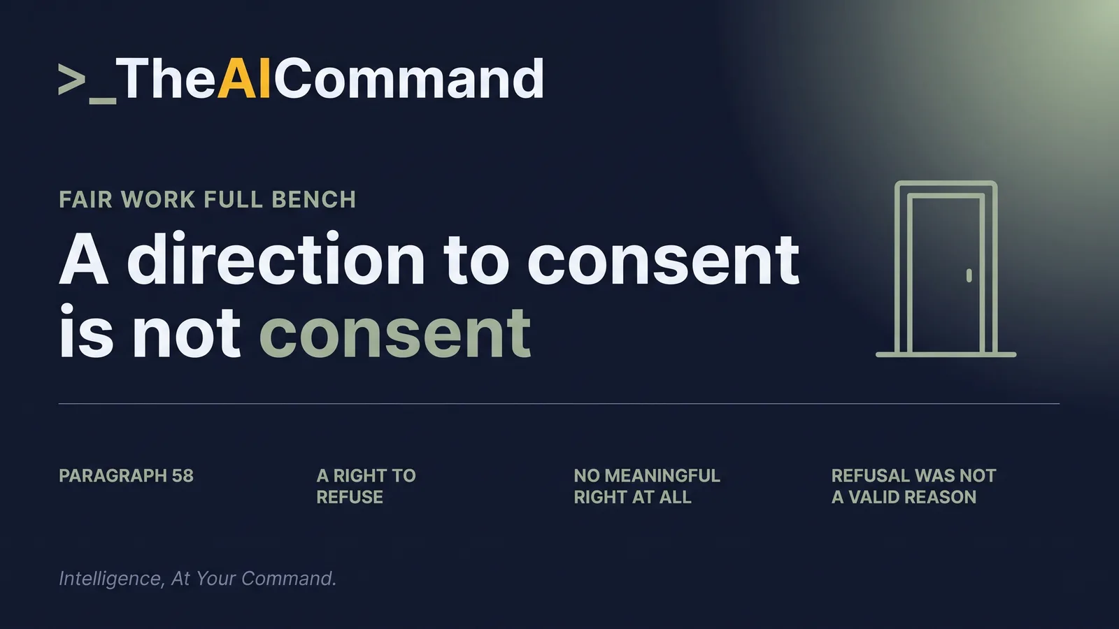 The sentence from paragraph 58, that a direction to a person to give consent does not vest in that person a meaningful right at all, set as a magazine headline beside a single line icon of a door with no handle.