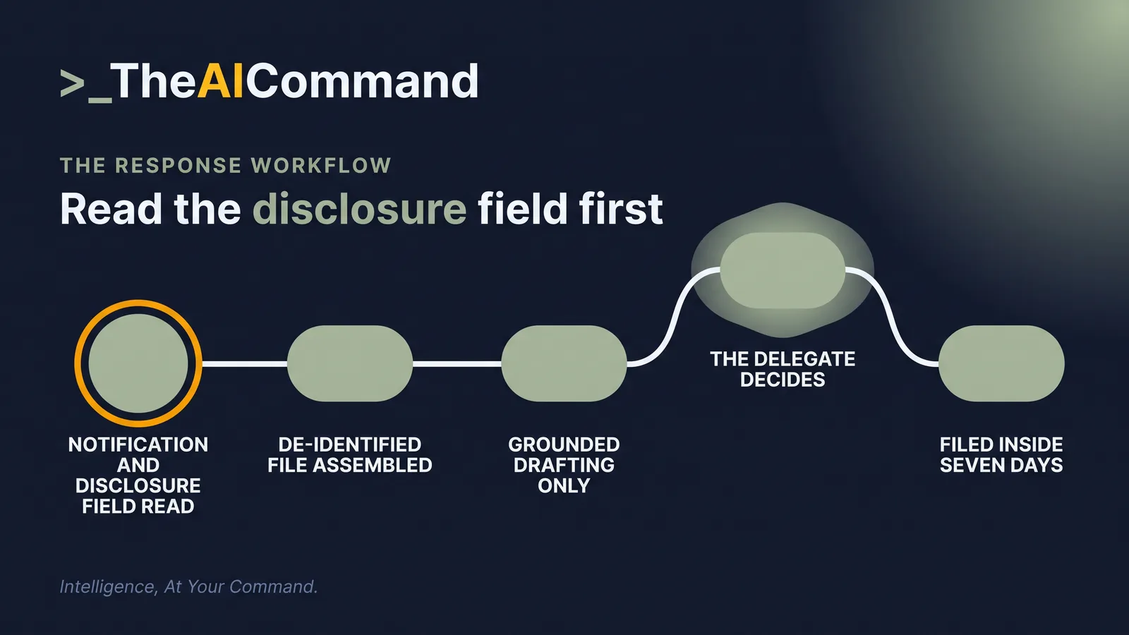 A five stage process from notification received and disclosure field read, through de-identified file assembly and grounded drafting, to the delegate decision and filing inside seven days, with the outcome logged against the provision.