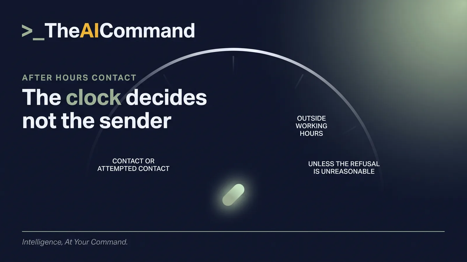 A single message notification arriving on a darkened screen late at night, with the employment clock, not the sender, framed as the thing that decides whether the right to refuse is engaged.