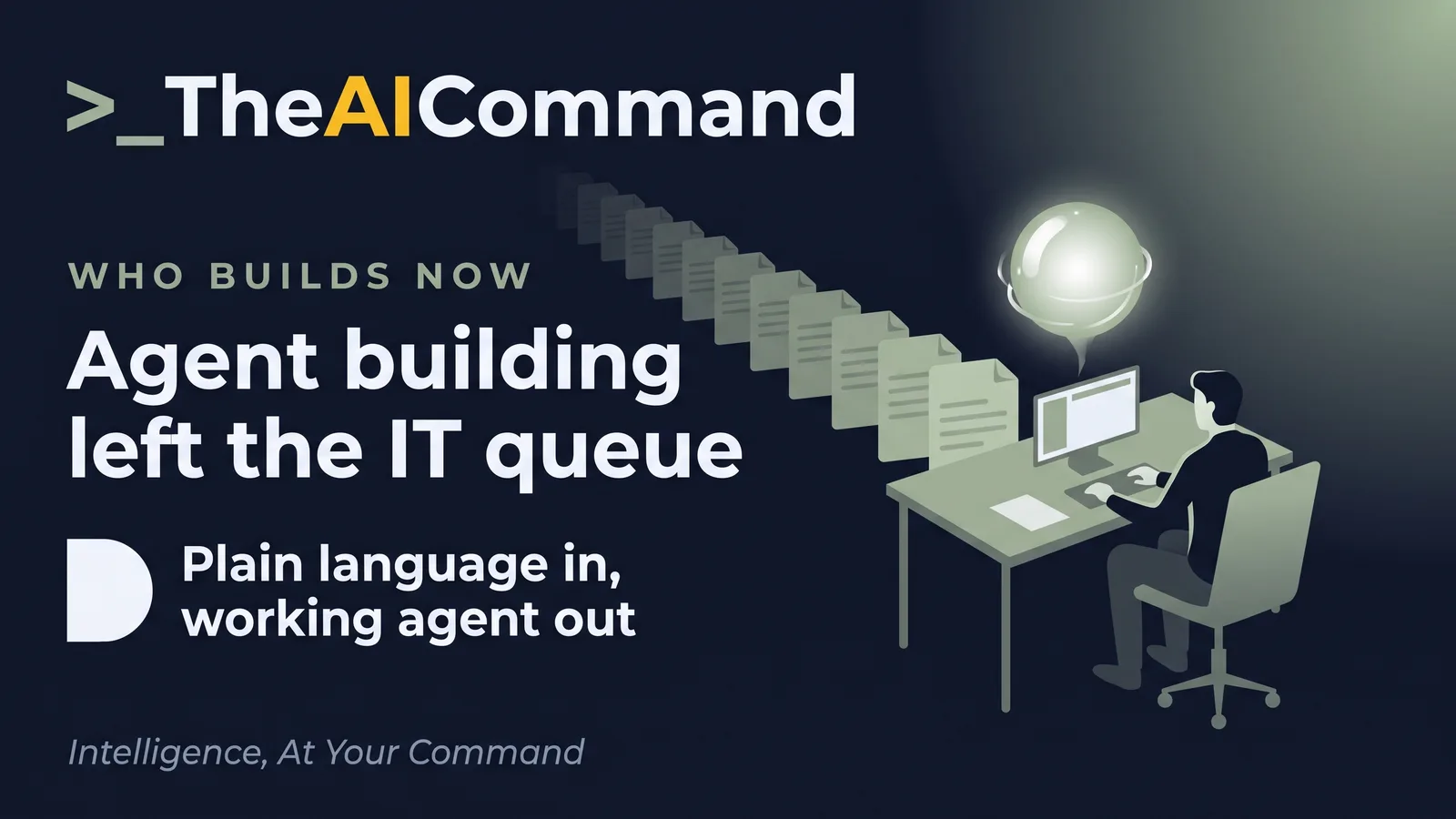 Cinematic infographic of a plain language sentence assembling into a working AI agent as the IT queue fades