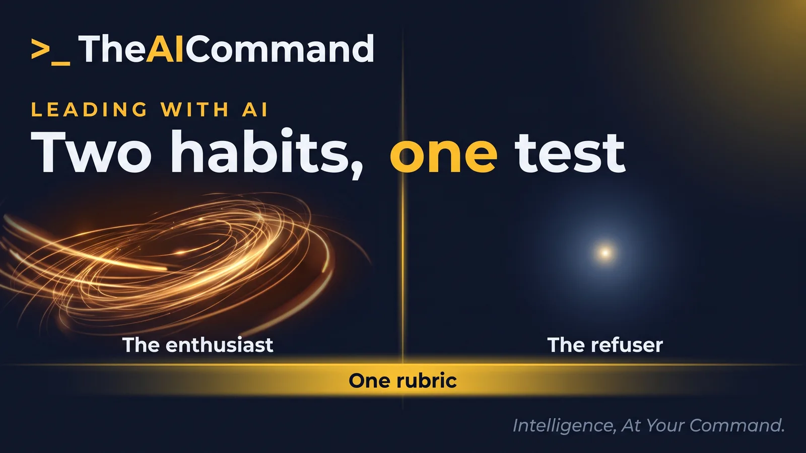 Side-by-side view of the AI enthusiast and the AI refuser facing the same three-condition calibration and one shared rubric