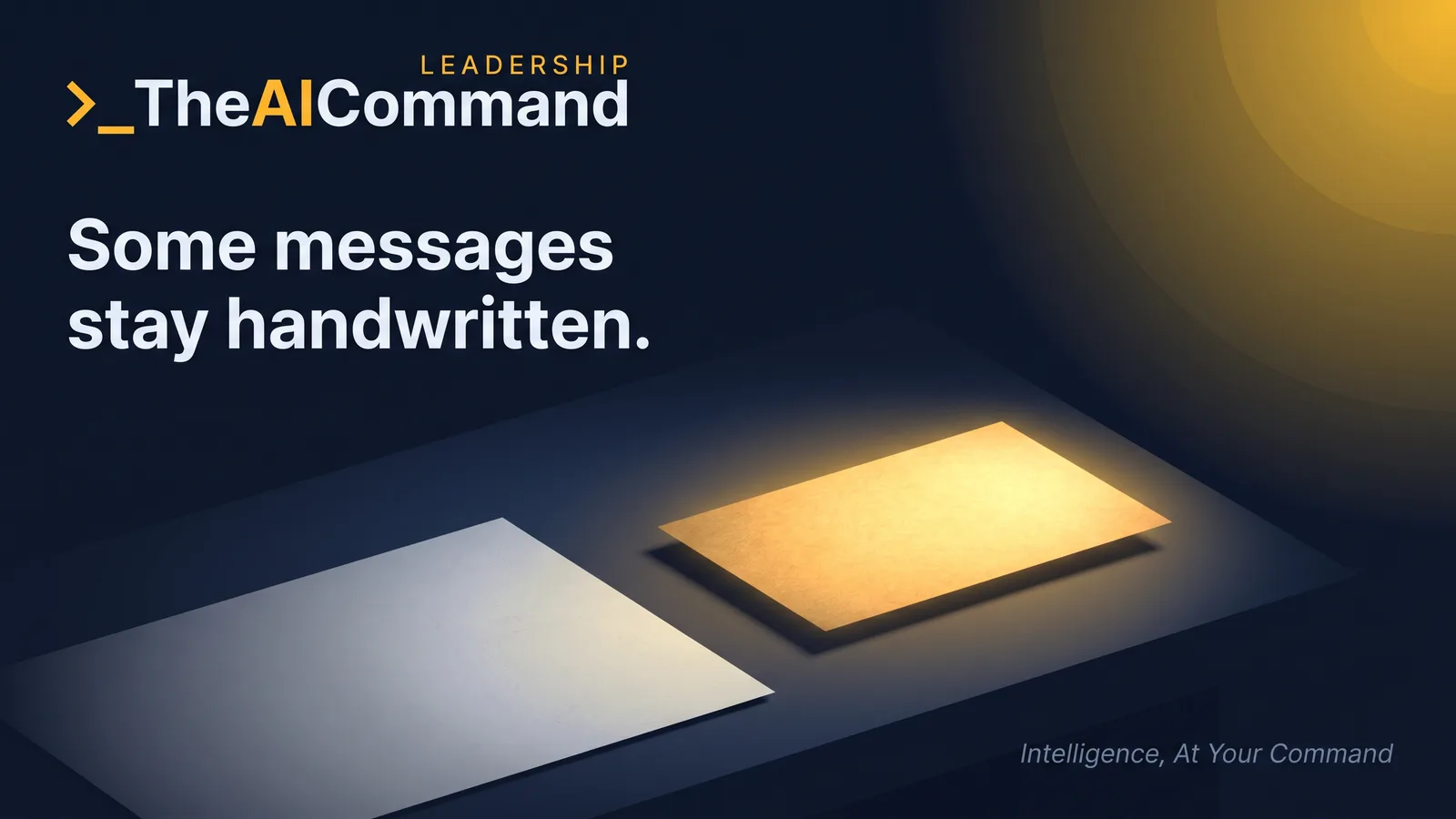 A single warm handwritten note glowing on a navy desk beside a cold machine printed sheet, one focal point, deep shadow
