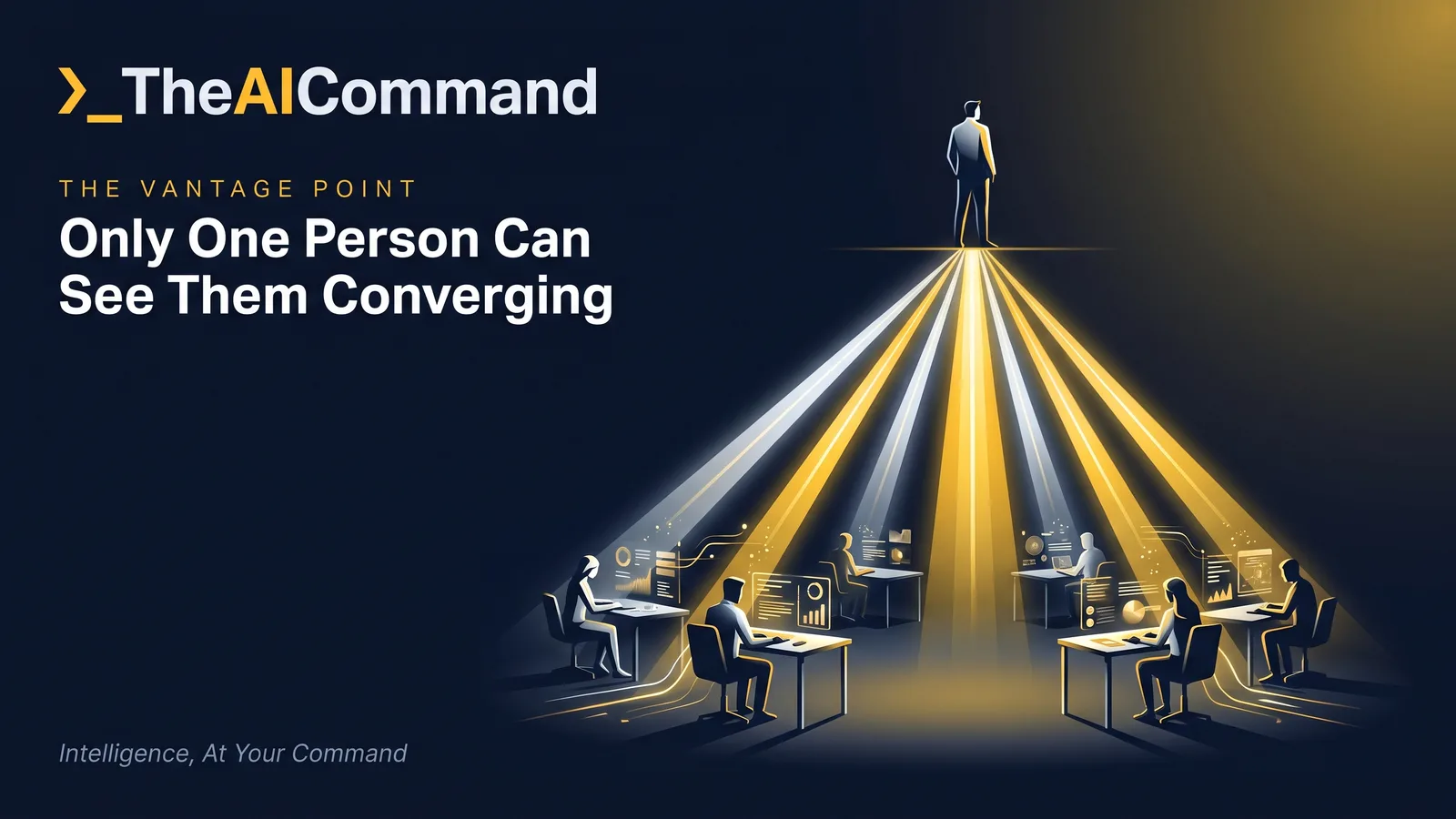 Six figures at separate desks, each lit by a bright gold beam over their own strong draft, the beams converging overhead into a single narrow shaft that only a lone figure standing above the room can see, deep navy