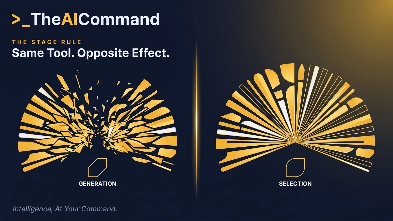 A single frame split down the middle by a thin gold rule, the left half a wide fan of many differently shaped forms collapsing inward under the label generation, the right half the same wide fan intact under the label selection, deep navy