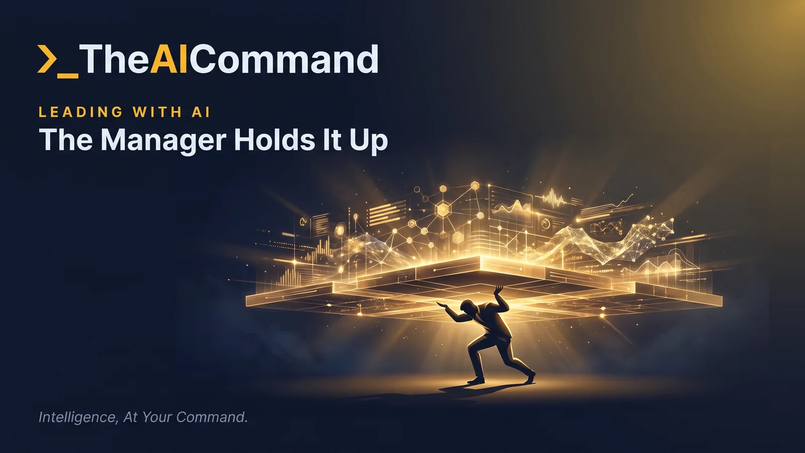 A single figure at a desk holding up a wide platform on which a bright busy AI system runs, the weight resting entirely on the one small human beneath, gold light on deep navy