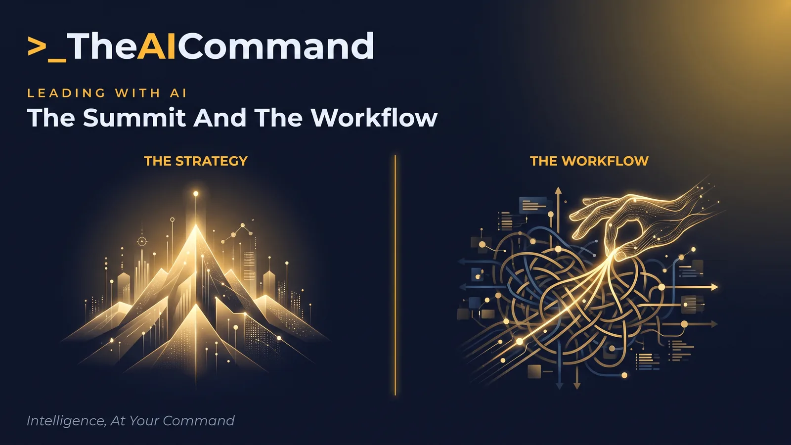 A screen split into two contrasting halves divided by a thin gold line, the left half a clean glowing summit view labelled the strategy, the right half a dense tangle of pathways being untangled by hand labelled the workflow, gold light on deep navy