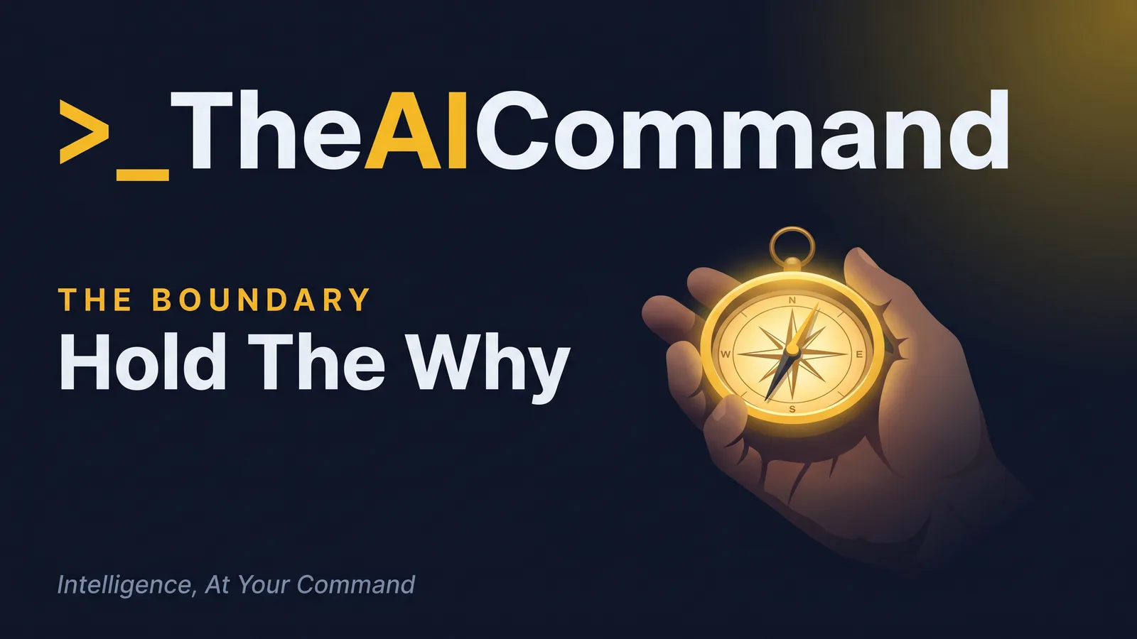 A single cinematic concept scene: a human hand holding a glowing compass over a softly automated field, one clear focal point, conveying that the leader holds the direction while the machine handles the ground