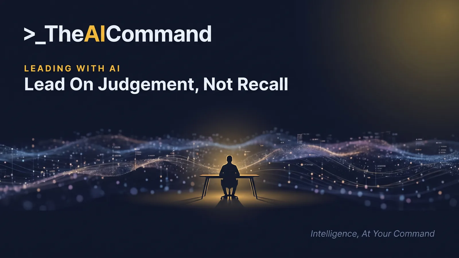 A single leader silhouette at a desk with a vast field of soft data light beyond, the warm focal light held on the small human figure, gold on deep navy