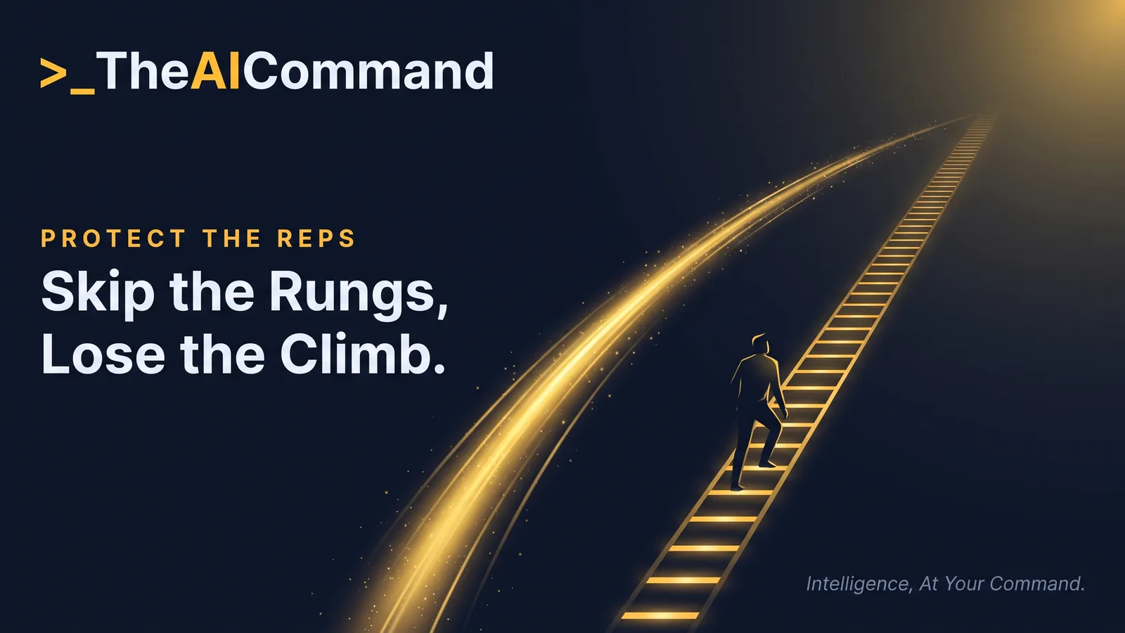 A figure climbing a tall ladder of glowing rungs toward mastery while a bright shortcut arcs past, skipping every rung, gold light on deep navy