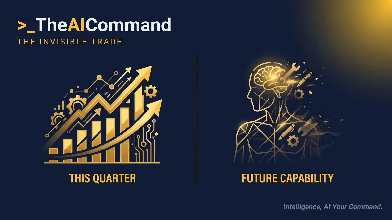 A screen split into two contrasting halves by a thin gold line, the left half a bright rising output bar labelled this quarter, the right half a dimming figure of expertise labelled the capability you will need, gold light on deep navy