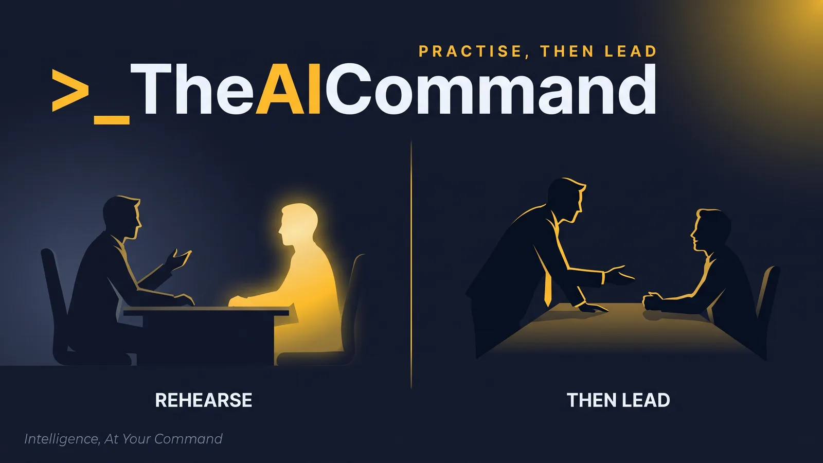 Two cinematic halves divided by a thin gold line: a leader rehearsing to a glowing simulator on the left, leaning into a real conversation on the right