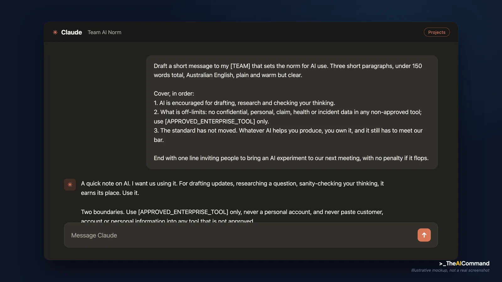 Illustrative Claude Projects chat showing the set-the-norm message prompt typed in and a short draft message returned