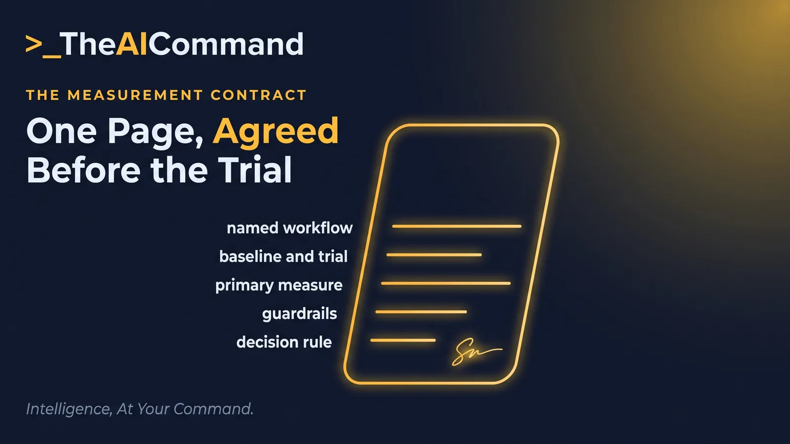 A one-page measurement contract with a named workflow, baseline and trial periods, one primary measure, guardrails and a decision rule