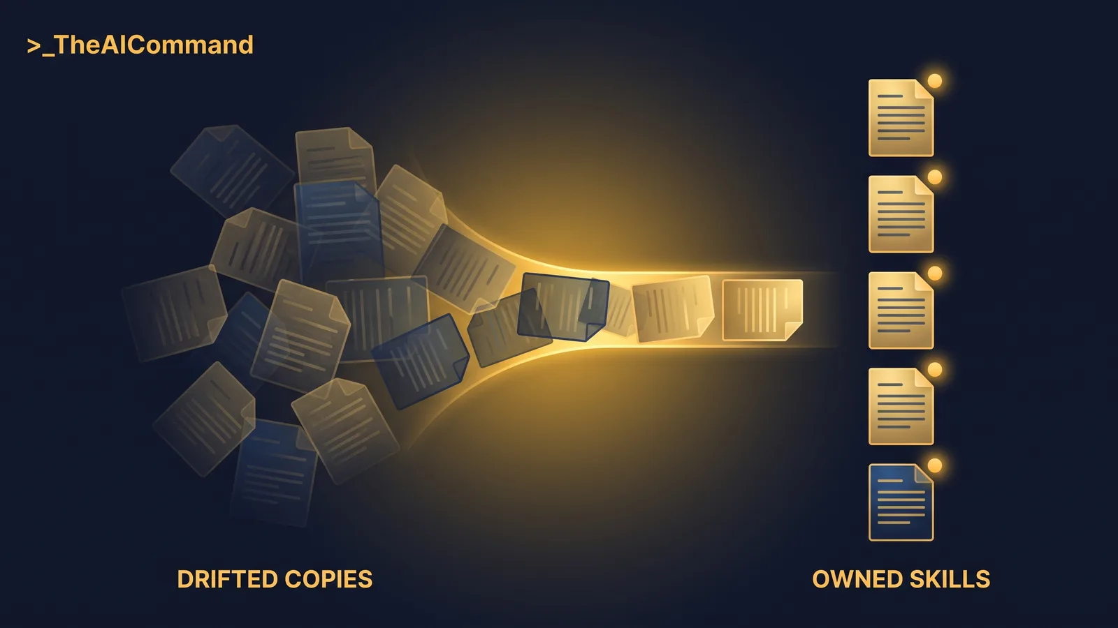 Tangled overlapping document shapes converging through one narrow gold channel into a tidy line of five labelled shapes, each with a small owner mark