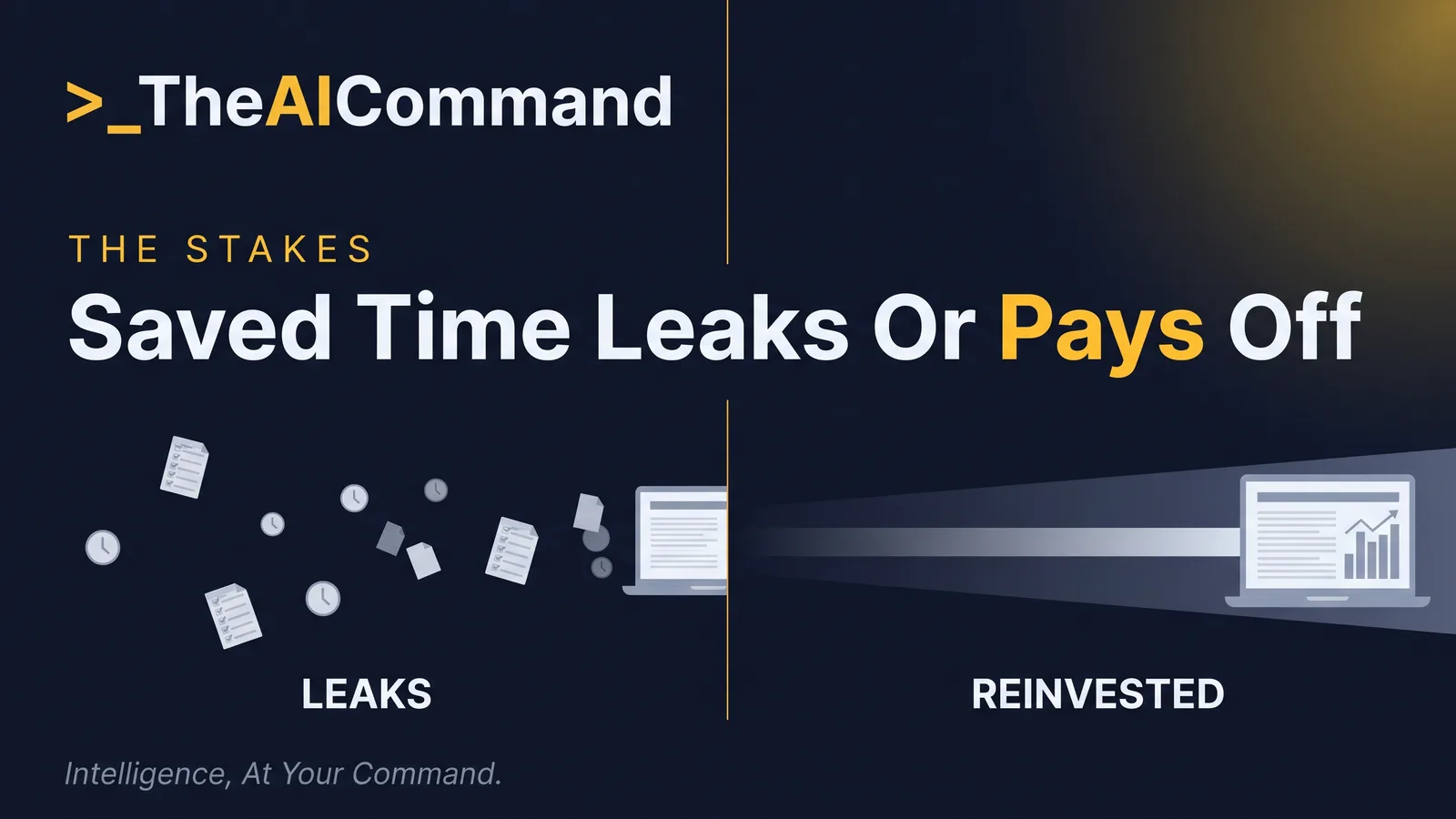 A frame split into two contrasting halves divided by one thin gold line, the left half time draining away into scattered repetitive checking, the right half the same time channelled into one clear higher-value stream, labelled leaks and reinvested