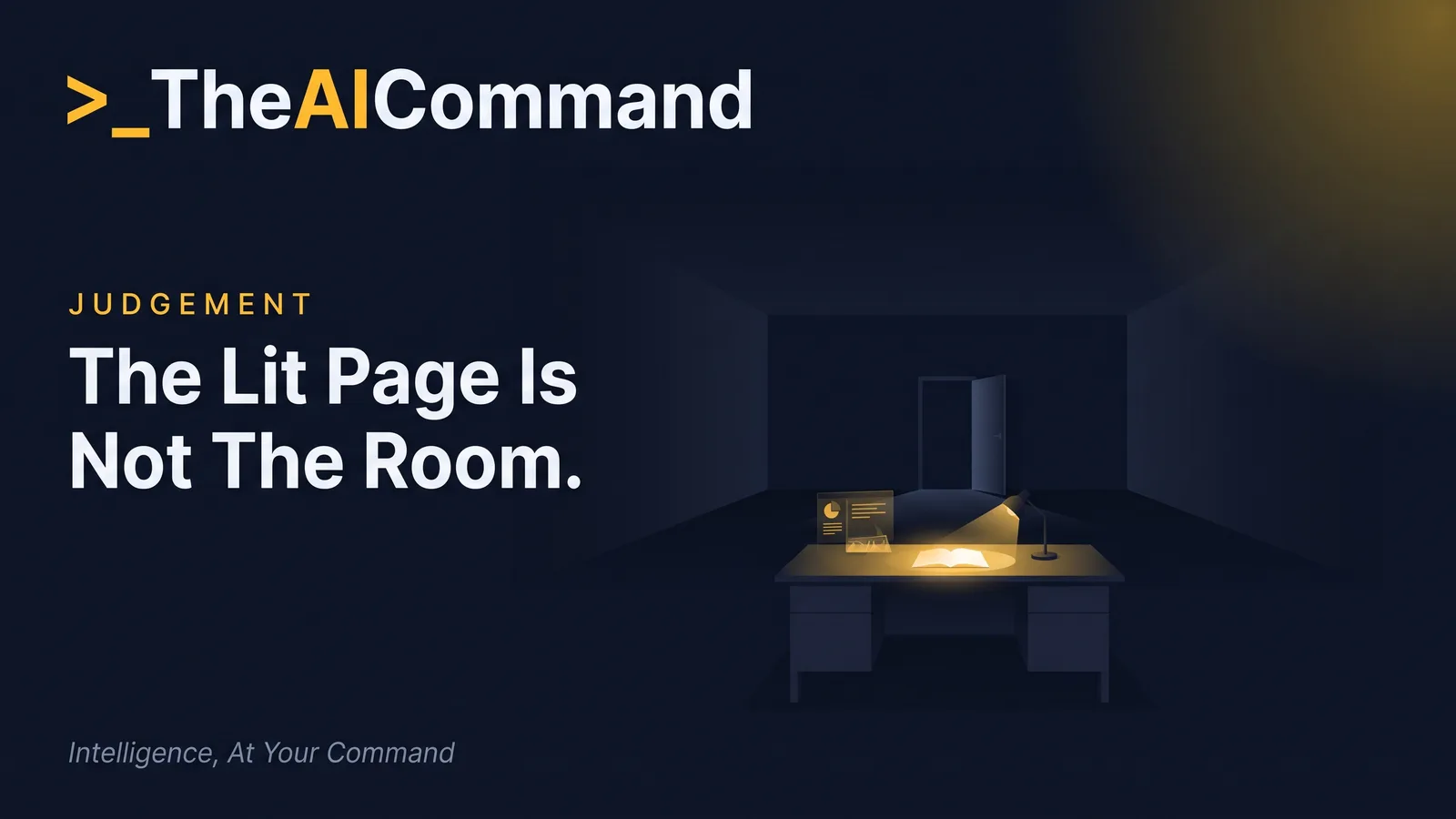 A single lit desk in a wide dark room, one open page glowing under a lamp with the far walls receding into depth and one distant door standing open, gold on deep navy