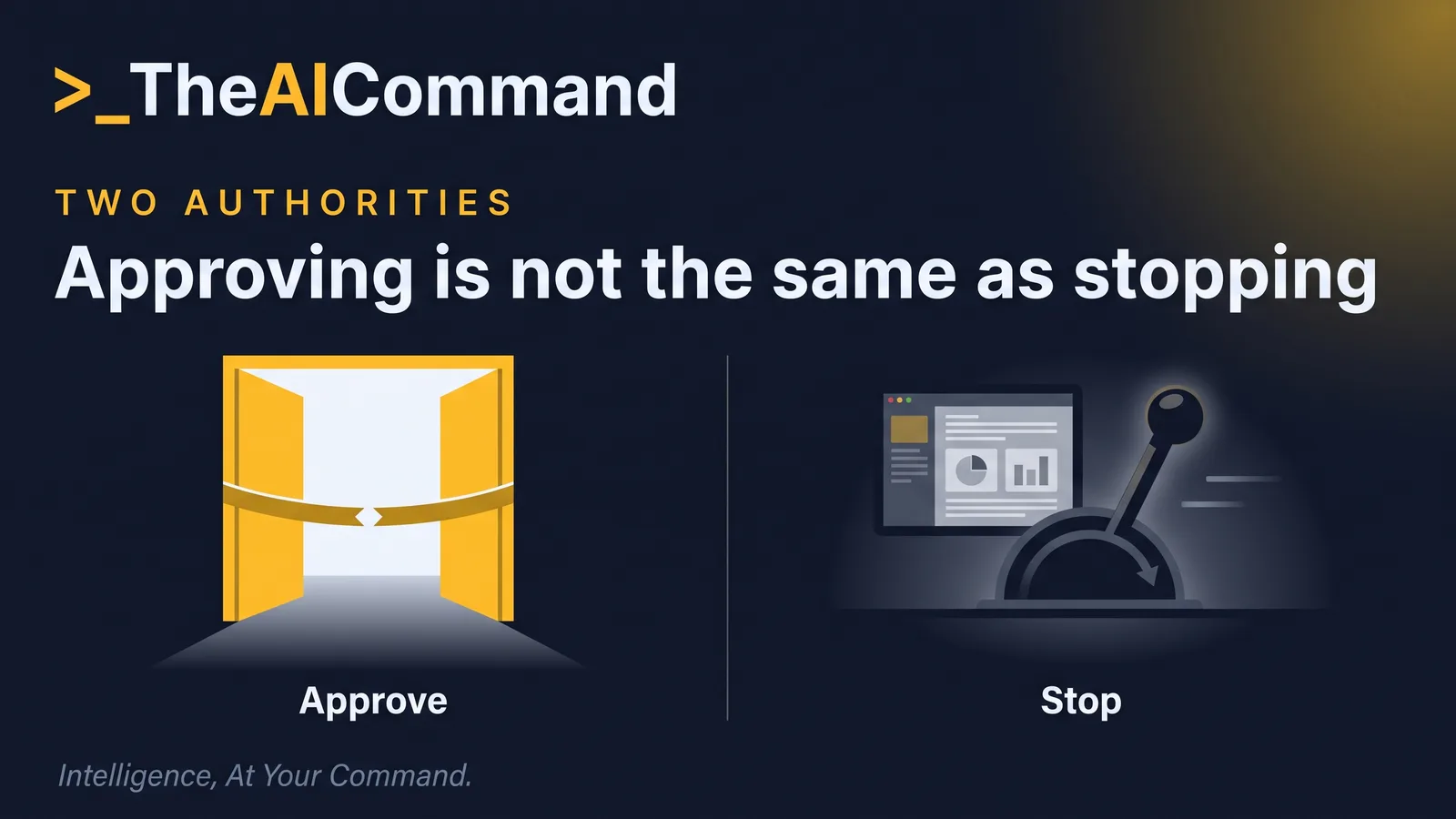 Contrast between an approval gate before launch and a stop authority during operation
