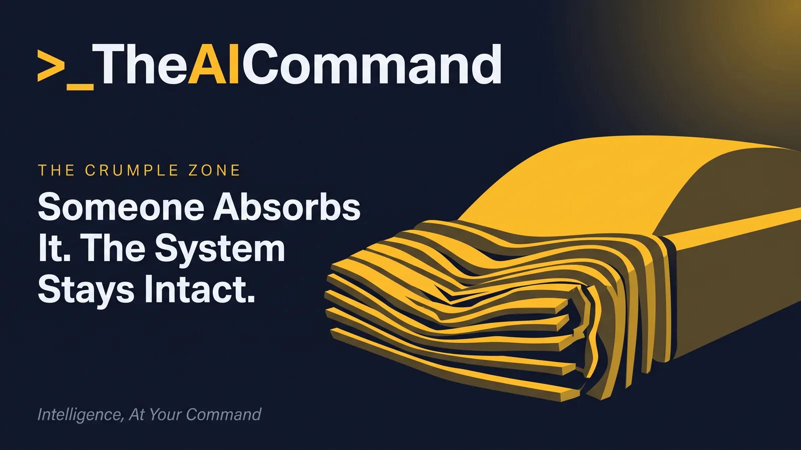 An abstract impact absorbing structure of layered gold ribs taking the full force of a collision while the structure behind it stays perfectly intact, deep navy field, no vehicles and no figures