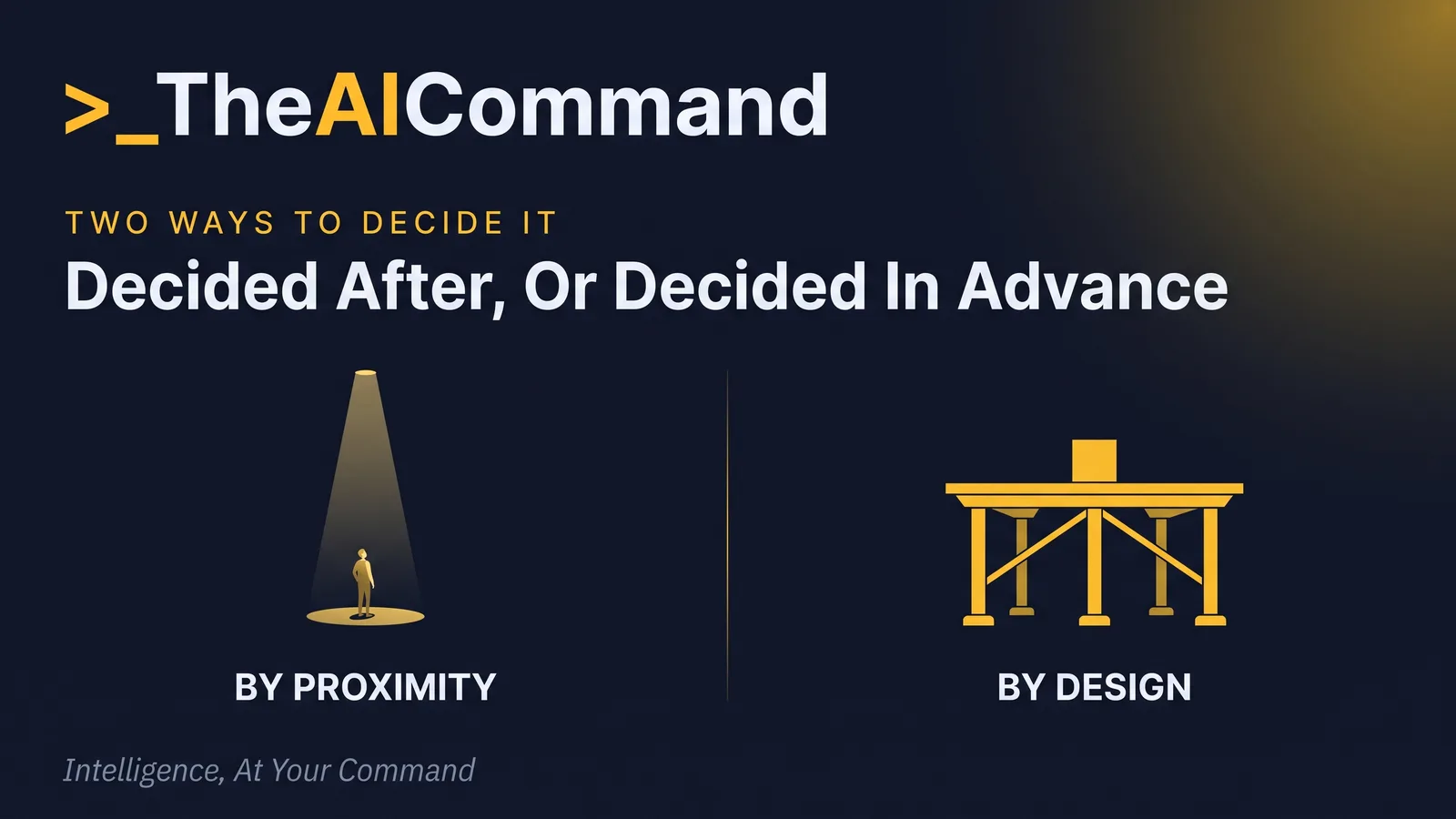 A frame split down the middle by one thin gold rule, the left half a lone figure standing under a single harsh beam after the fact, the right half a calm structure of connected supports holding a shape up before anything falls, deep navy