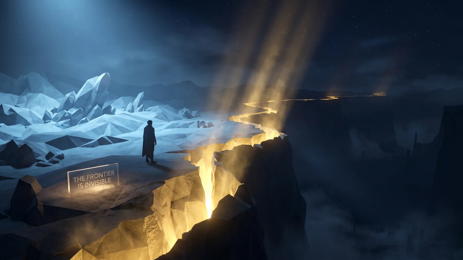 A jagged glowing boundary dividing terrain where AI strengthens judgement from terrain where it quietly fails, with a figure unable to see the edge