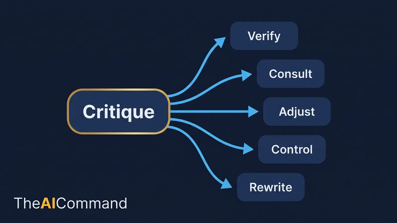 Critique to action conversion showing each challenge becoming one of five actions: verify, consult, adjust, control, rewrite