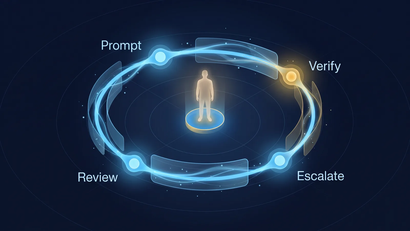 Radial cycle of the four AI literacy behaviours a manager reinforces: prompt, verify, escalate, review