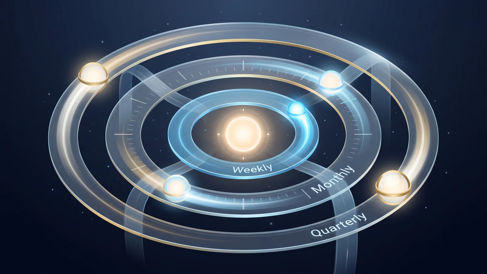 Three concentric rings orbiting a team core, representing the weekly, monthly and quarterly AI cadences