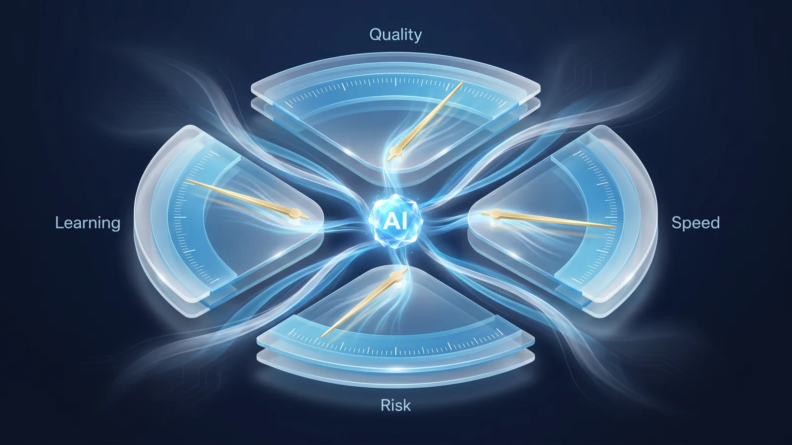 Four instrument petals around an AI core measuring quality, speed, risk and learning