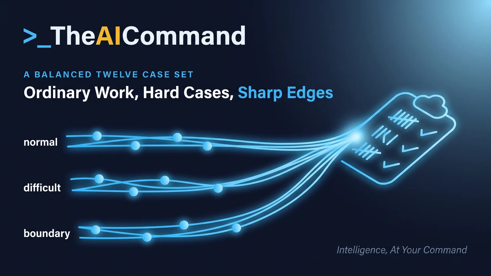 Three lanes of normal, difficult and boundary test cases converging on one evaluation scorecard