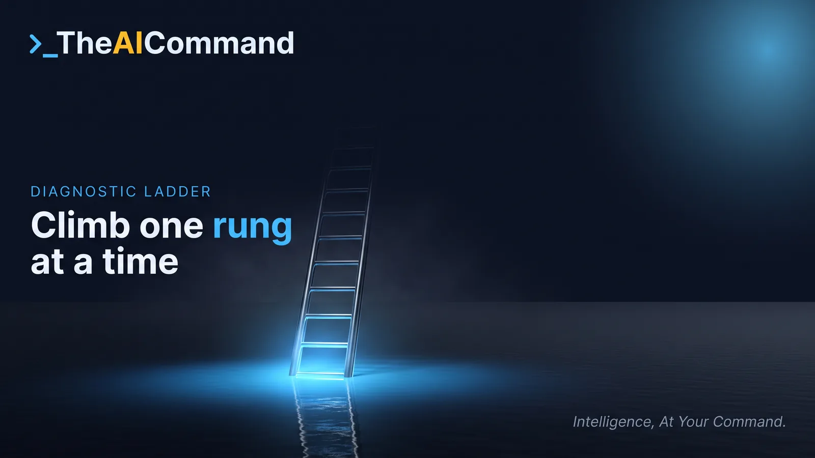 A single lit ladder rising out of dark water with one rung illuminated at a time