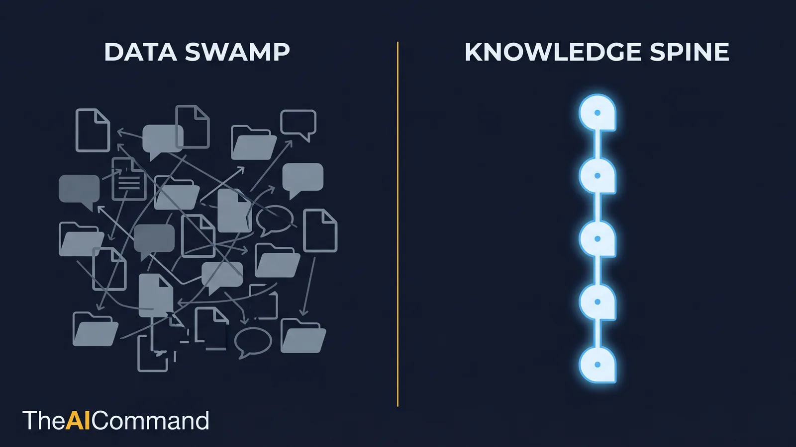 Split contrast: a chaotic data swamp of scattered files versus a governed, owned knowledge spine