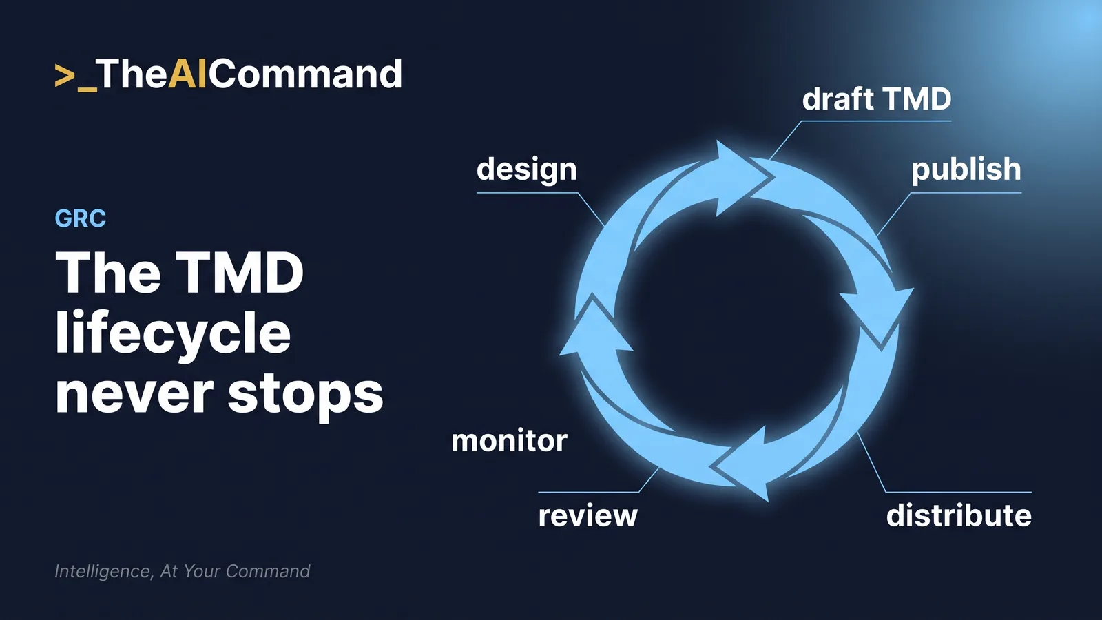 Process flow of the six stage Target Market Determination lifecycle: design, draft, publish, distribute, monitor and review, looping back to revision.