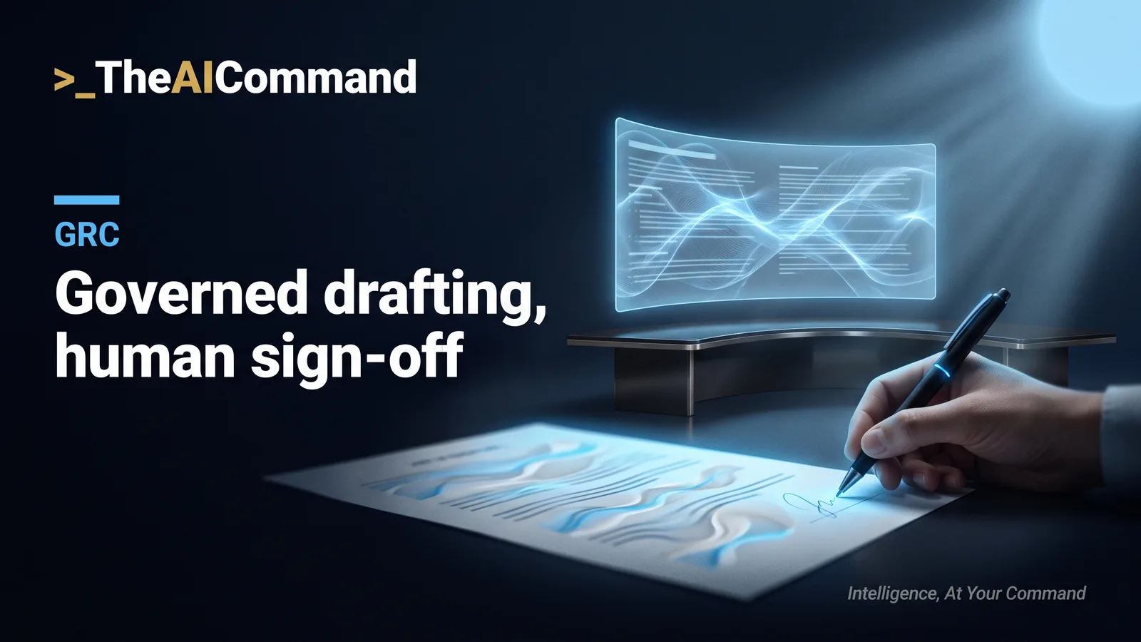 Cinematic image of a boardroom desk at night where a glowing AI drafting pane hovers above documents while a human hand signs the printed page in the foreground.