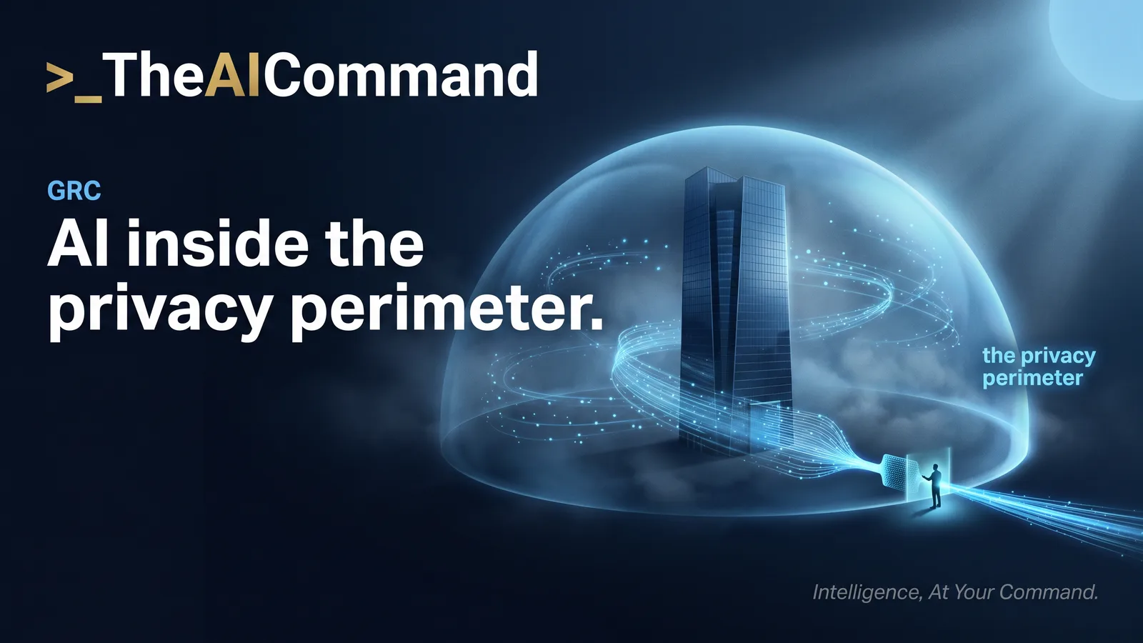Cinematic illustration of luminous data streams passing through a protective perimeter around a financial services tower at dusk, with one stream pausing at a human review checkpoint