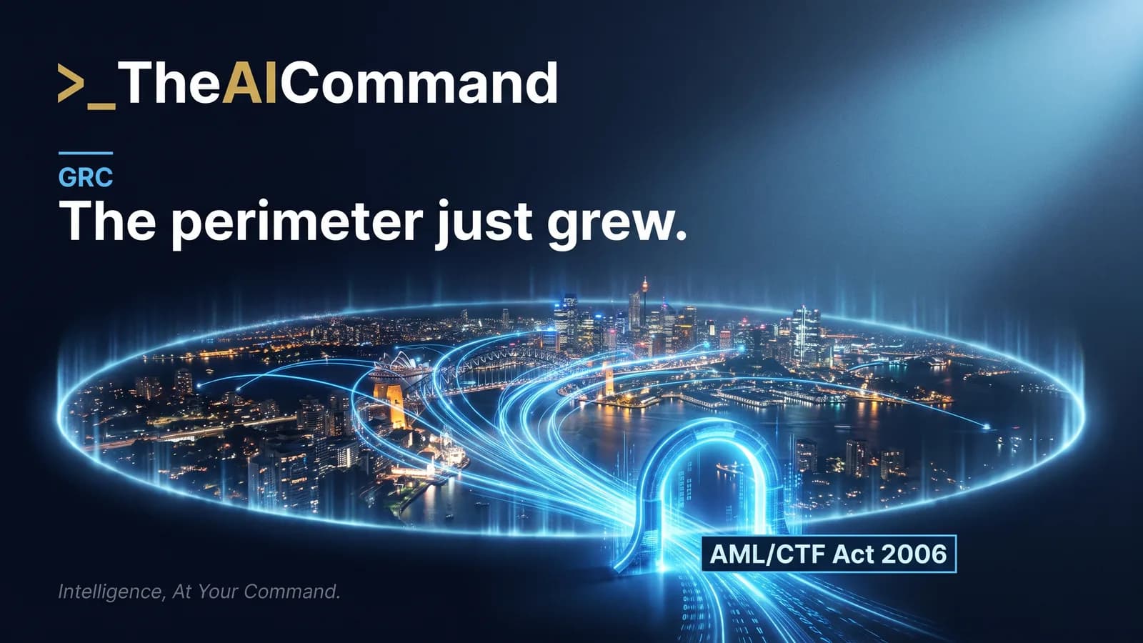 Stylised night-time Australian harbour city with luminous transaction light trails converging on a single monitored gateway, representing the expanded AML/CTF regulatory perimeter after the 2024 reforms
