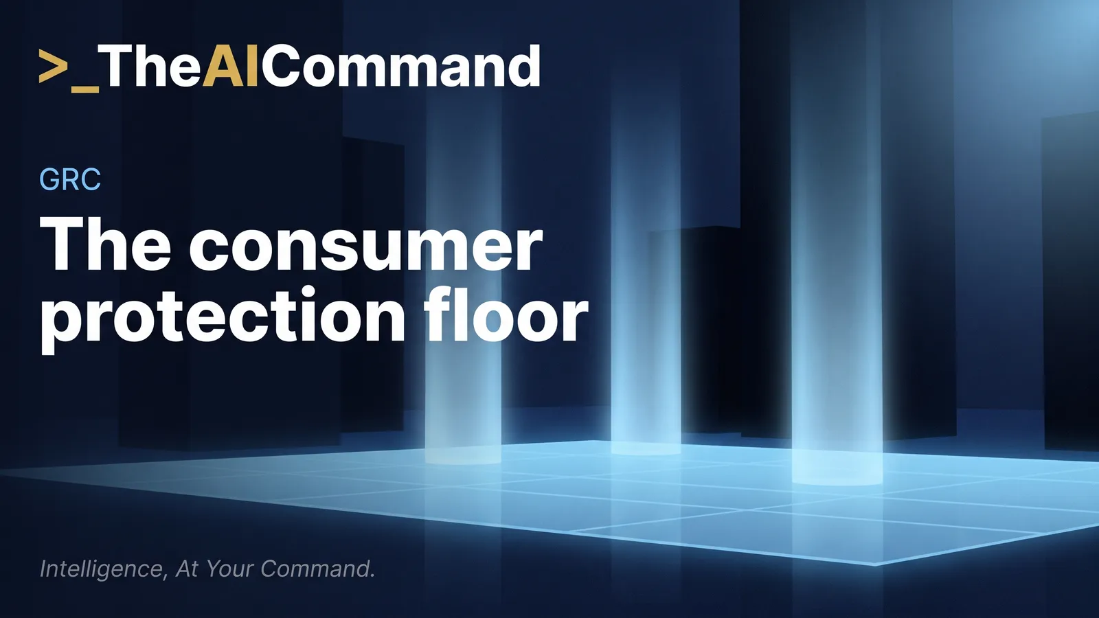 Four pillars of light rising through a glowing translucent floor beneath dark financial towers, representing the four consumer protection prohibitions of the ASIC Act