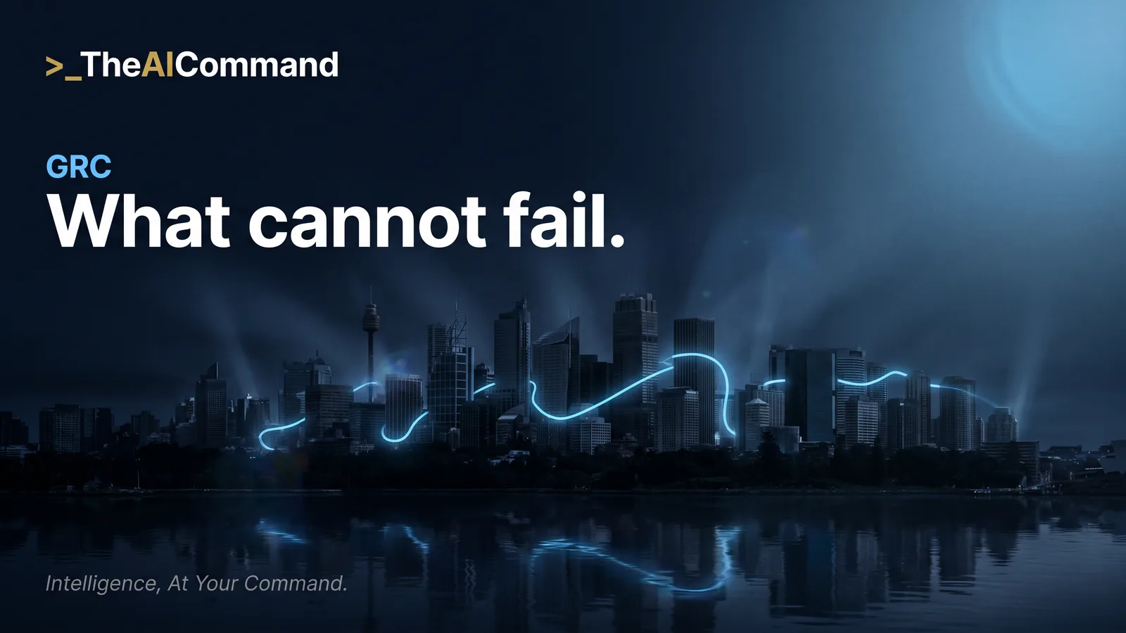 Night skyline of an Australian financial district with a single sky blue line of light threading through darkened towers, representing critical operations that must keep running under CPS 230.