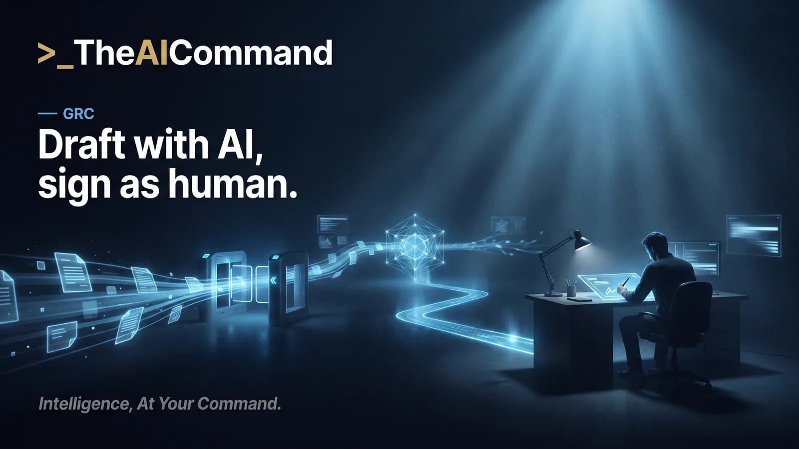 Cinematic illustration of a governed AI workspace for cyber GRC: a secure, dimly lit control room where de-identified documents pass through a gated checkpoint into the model, and every output leaves through a human review desk before it reaches a regulator or the Board.
