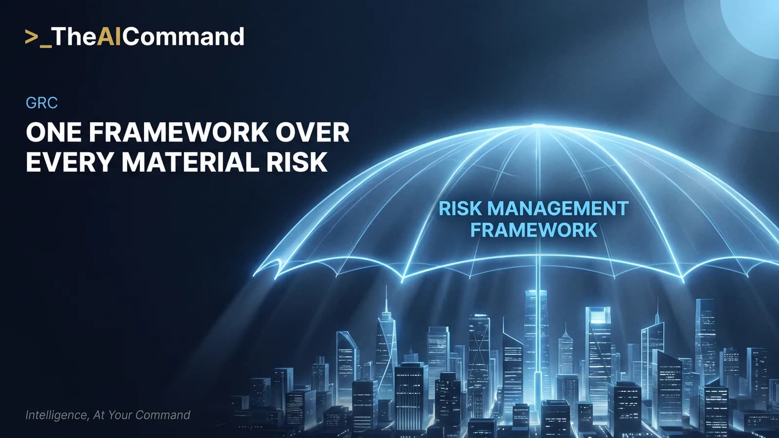 Glowing canopy labelled Risk Management Framework arching over a night time financial district skyline, representing CPS 220 enterprise wide risk coverage.