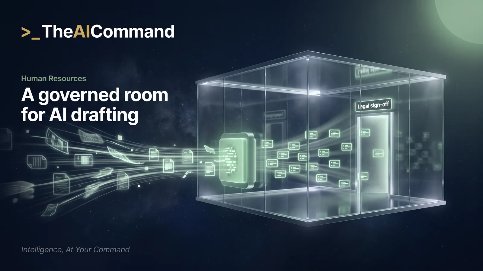 Cinematic concept of an AI project space as a secure glass room where de-identified documents enter and drafts leave through a legal sign-off gate