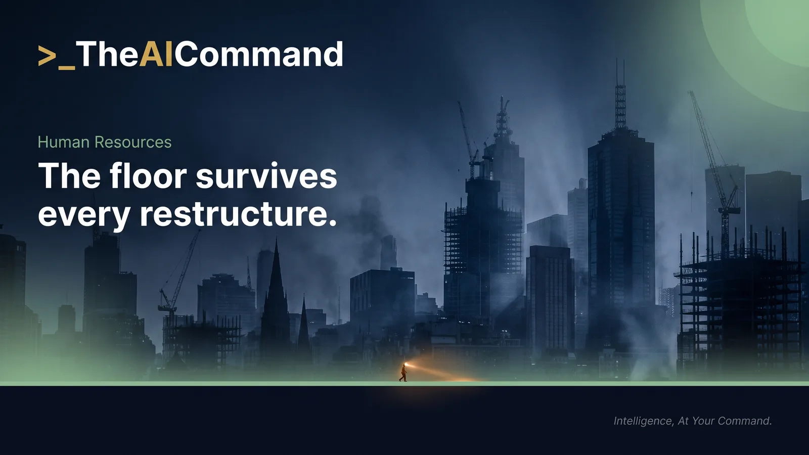 Cinematic scene of bank towers being restructured above an unbroken glowing floor plane representing the NES safety net.